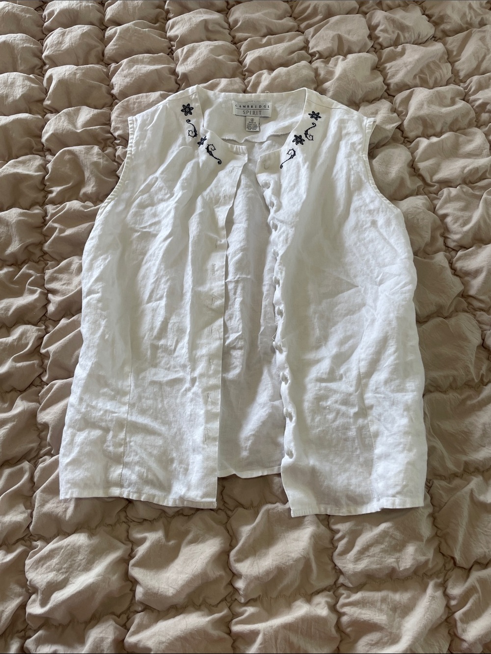 White Embroidered Linen Sleeveless Blouse
